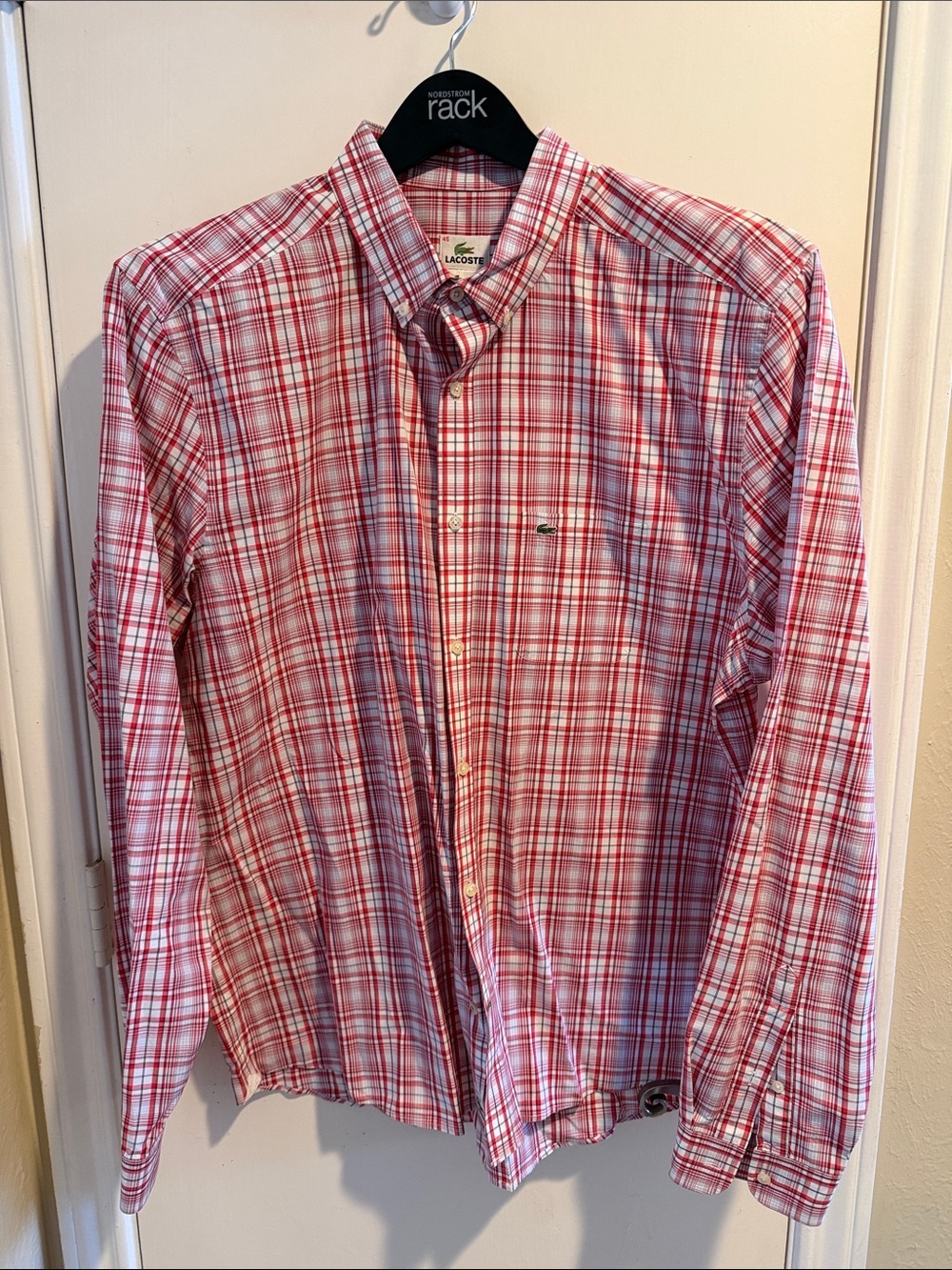 Lacoste Men’s Red and White Plaid Button-Down Shirt